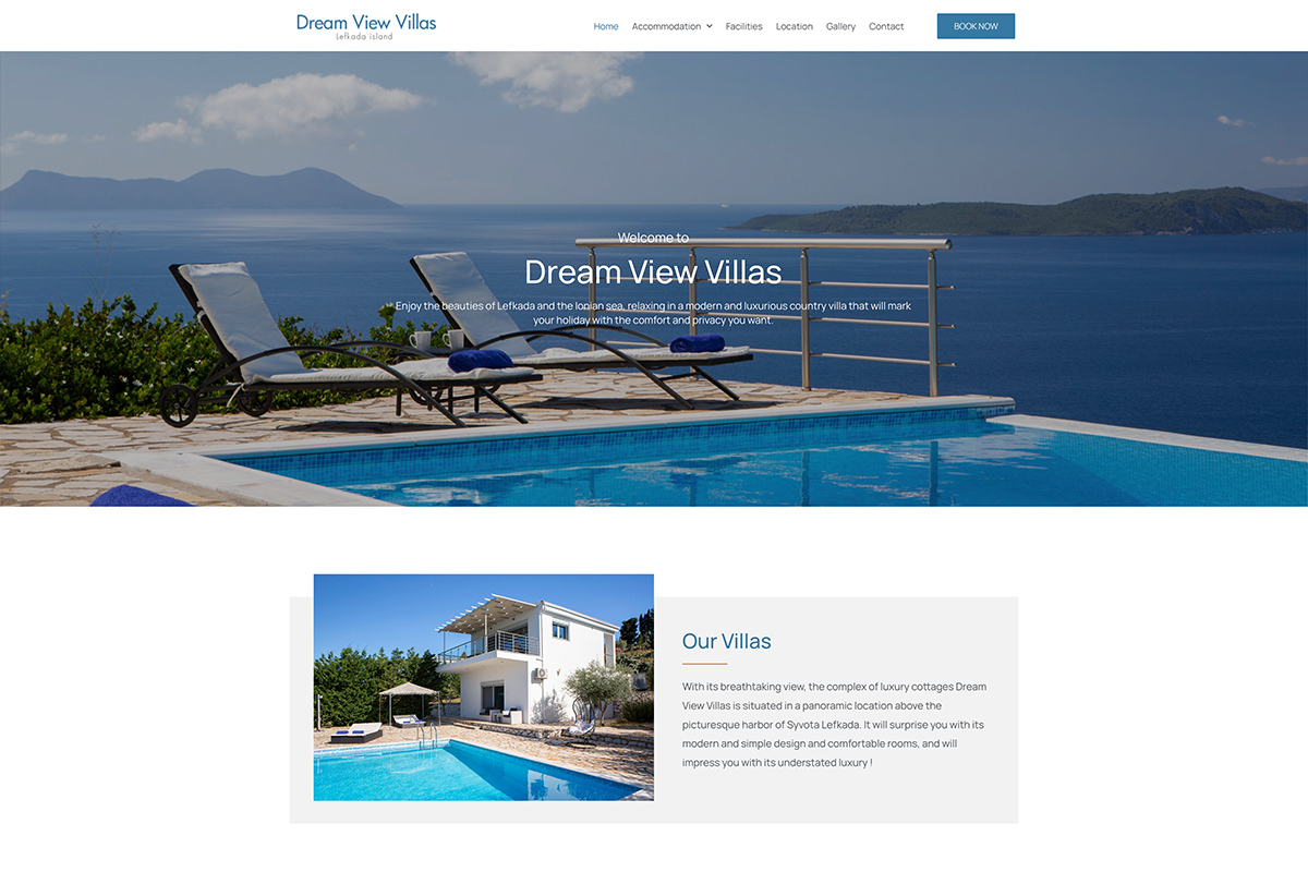 κατασκευή ιστοσελίδας ξενοδοχείου λευκάδα, κατασκευή ιστοσελίδας ξενοδοχείου dream view villas, web design by makemyweb